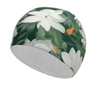 Bonnet de bain à motif feuilles vertes et fleurs blanches, bonnet de bain haute élasticité pour homme et femme, durable, imperméable, garde les cheveux au sec, parfait pour la piscine, la plage, la