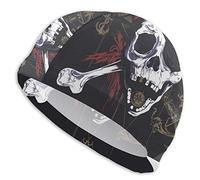 Bonnet de bain en lycra confortable avec motif tête de mort de pirate - Protection des oreilles pour cheveux longs, épais et bouclés