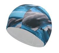 Bonnet de bain en tissu avec deux dauphins dans l'eau pour cheveux courts et longs pour garder les cheveux secs, bonnet de bain imperméable pour homme et femme, extensible, confortable, antidérapant