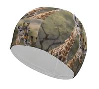 Bonnet de bain en tissu avec deux girafes pour cheveux courts et longs pour garder les cheveux secs, bonnet de bain imperméable pour homme et femme, extensible, confortable, antidérapant