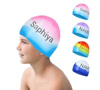 Bonnet de Bain Enfant Silicone Bonnet de Piscine Enfant, Adapté sur Mesure, Texte Unique Personnalisé pour Garçons et Filles (Bleu-Rose, S)