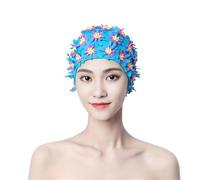 Bonnet De Bain Femme Bonnet de Bain avec pétales Fleurs et Perles, Cheveux Longs, léger, Style Vintage, Sports Nautiques(Blue)