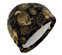 Bonnet de bain imperméable pour homme avec motif tortue de mer Noir doré Protection des cheveux et réduction de la traînée Gorras para nadar de mujer