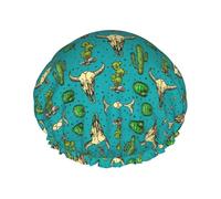Bonnet de bain imprimé cactus mignon et crâne de taureau, double couche de protection des cheveux, couverture de cheveux élastique pour laver le visage, 27 cm
