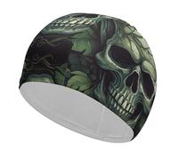 Bonnet de Bain pour Femmes et Hommes, Bonnet de Bain à Haute élasticité, tête de Mort et Feuilles Vertes, Chapeaux de Natation pour Cheveux Longs et Courts