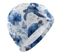 Bonnet de bain tortue à fleurs bleues pour adultes - Bonnet de bain imperméable pour femme - Protection des cheveux et réduction de la traînée - Gorro para Piscina Mujer