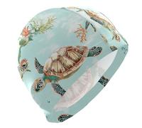 Bonnet de bain tortue de mer de dessin animé bleu sarcelle pour adultes - Bonnet de bain imperméable pour femme - Protection des cheveux et réduction de la traînée - Gorras para nadar de mujer