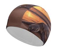 Bonnet de bain tortue de mer et coucher de soleil unisexe pour adulte - Antidérapant - Confortable - Durable - Facile à mettre et à enlever - Imperméable - Garde les cheveux au sec