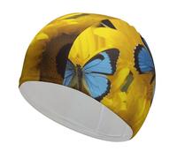 Bonnet de bain tournesols jaunes avec papillons bleus, bonnet de bain haute élasticité pour homme et femme, durable, imperméable, garde les cheveux au sec, parfait pour la piscine, la plage, la