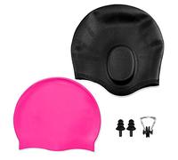 Bonnet de bain unisexe en silicone pour femmes, hommes et enfants - Lot de 2 bonnets de bain imperméables avec poches pour les oreilles et un classique - Livré avec 1 paire de bouchons d'oreille