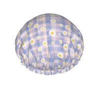 Bonnet de douche à carreaux bleus et fleurs de camomille, réutilisable, imperméable, double couche, élastique, pour toutes les longueurs de cheveux