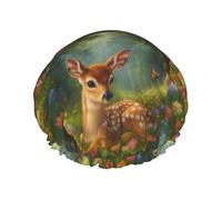 Bonnet de douche à double couche, motif cerf gracieux dans une prairie fleurie, réutilisable, imperméable, confortable et élégant.
