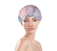 Bonnet de douche à imprimé marbre rose bleu, imperméable et réutilisable, bonnet de bain pour femmes, double couche, élastique, protection des cheveux