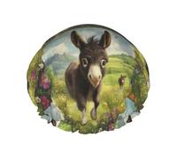 Bonnet de douche à motif d'âne mignon courant dans une prairie fleurie. Modèle double couche, réutilisable, imperméable, confortable et élégant.
