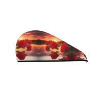Bonnet de douche à séchage rapide avec roses rouges au coucher du soleil - Bonnet de douche tendance et coloré pour femme - Bonnet de douche confortable et élégant