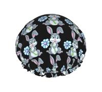 Bonnet de douche amusant avec imprimé lapin de Pâques pour femme, réutilisable, imperméable, double couche avec sangle élastique, taille unique