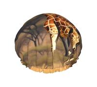 Bonnet de douche avec élastique et réutilisable pour cheveux longs et courts, double couche Motif girafe africaine