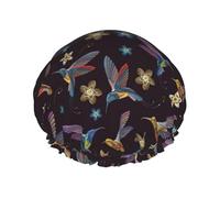 Bonnet de douche avec imprimé colibris brodé pour femme, réutilisable, imperméable, double couche avec sangle élastique, taille unique