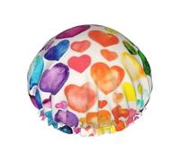 Bonnet de douche avec imprimé cœurs arc-en-ciel pour femme, réutilisable, imperméable, double couche avec sangle élastique, taille unique