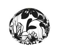 Bonnet de douche avec imprimé fleurs noires et blanches, élastique et réutilisable pour cheveux longs, grand bonnet de douche imperméable, pour femmes, hommes, enfants