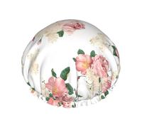 Bonnet de douche avec imprimé fleurs roses avec feuilles - Réutilisable, double couche, avec bande élastique - Parfait pour la maison, le spa, l'hôtel et les voyages