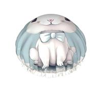 Bonnet de douche avec imprimé lapin blanc mignon - Grand bonnet de douche imperméable pour homme et femme - Réutilisable, léger et doux