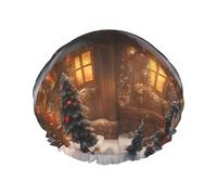 Bonnet de douche avec imprimé maison de village de Noël pour femme, bonnet de bain réutilisable, bonnet de douche respirant, bonnet de douche réglable