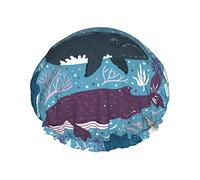 Bonnet de douche baleines mammifères marins pour femme, double bonnet de douche imperméable grand conçu pour tous les cheveux