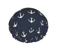 Bonnet de douche blanc avec motif ancre pour femme, réutilisable, double couche, bande élastique, bonnet de bain pour cheveux longs pour douche