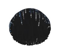 Bonnet de douche bleu à imprimé binaire - Double couche respirante, sangle élastique réglable, essentiels de voyage durables pour hôtel