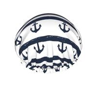 Bonnet de douche bleu et blanc avec motif ancre pour femme, réutilisable, double couche, bande élastique, bonnet de bain pour cheveux longs pour douche
