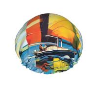 Bonnet de douche coloré en forme de bateau à voile pour femme, réutilisable, imperméable, lavable, bande élastique, bonnet de bain double couche, extra large pour cheveux longs