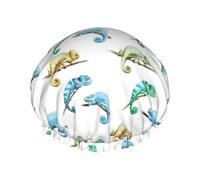 Bonnet de douche coloré mignon caméléon lézard pour femme, réutilisable, imperméable, bonnet de douche pour douche, double couche élastique pour cheveux longs