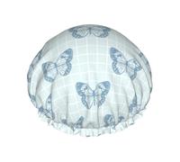 Bonnet de douche double couche à carreaux bleus, réutilisable, résistant à l'eau, grand bonnet de douche pour femme, bonnet de douche avec doublure en PEVA et cordon élastique