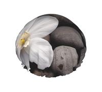 Bonnet de douche double couche avec fleur blanche avec pierre pour femme, réutilisable, adapté pour le bain et le spa