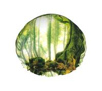 Bonnet de douche double couche avec imprimé arbre vert nature, réutilisable, adapté à différentes longueurs de cheveux