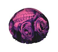 Bonnet de douche double couche avec imprimé crânes et roses violets, réutilisable, adapté à différentes longueurs de cheveux