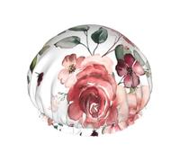 Bonnet de douche double couche avec imprimé de roses en fleurs, réutilisable, adapté à différentes longueurs de cheveux