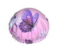 Bonnet de douche double couche avec imprimé papillon violet, réutilisable, adapté à différentes longueurs de cheveux