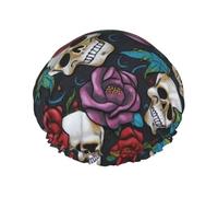 Bonnet de douche double couche avec motif tête de mort en sucre et fleurs pour femme, réutilisable, adapté pour le bain et le spa