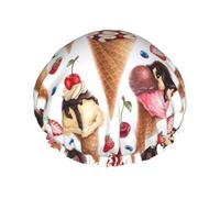 Bonnet de douche double couche - Crème glacée à la fraise et à la myrtille - Réutilisable et résistant à l'eau - Grand bonnet de douche pour femme - Bonnet de douche avec doublure en PEVA et cordon