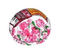 Bonnet de douche double couche élastique imperméable à motif rose accordéon aquarelle, réutilisable