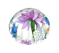 Bonnet de douche double couche élastique imperméable et réutilisable avec motif libellule et fleurs bleues aquarelle