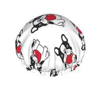 Bonnet de douche double couche élastique imperméable et réutilisable avec un bouledogue français en forme de cœur pour la Saint-Valentin