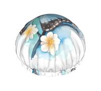 Bonnet de douche double couche imperméable à imprimé papillon bleu sur fleur - Convient à toutes les longueurs de cheveux (27,9 x 11,9 cm)