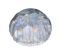 Bonnet de douche double couche imprimé hexagones bleus et diamants, réutilisable, adapté à différentes longueurs de cheveux