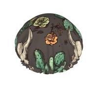 Bonnet de douche double couche motif tête de mort de taureau et cactus mignon pour femme, réutilisable, adapté pour le bain et le spa