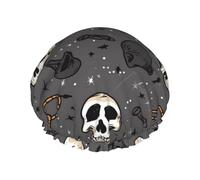 Bonnet de douche double couche motif tête de mort et éclair pour femme, réutilisable, adapté pour le bain et le spa