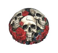 Bonnet de douche double couche motif tête de mort et roses pour femme, réutilisable, adapté pour le bain et le spa