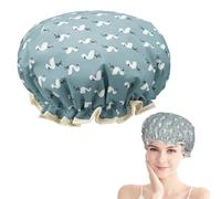Bonnet de douche double couche pour femme - Bande élastique imperméable et réutilisable - Bords volants couvrant les oreilles pour cheveux longs, courts et bouclés (oiseau bleu)